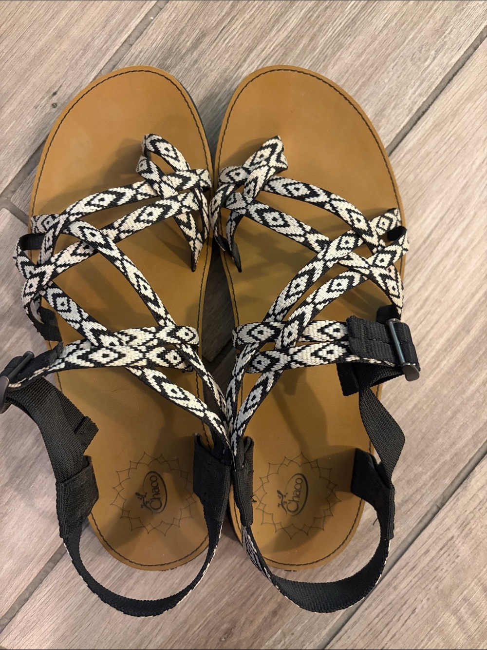 Chaco Women's Tan Footbed Sandals with Black & White Patterned Straps